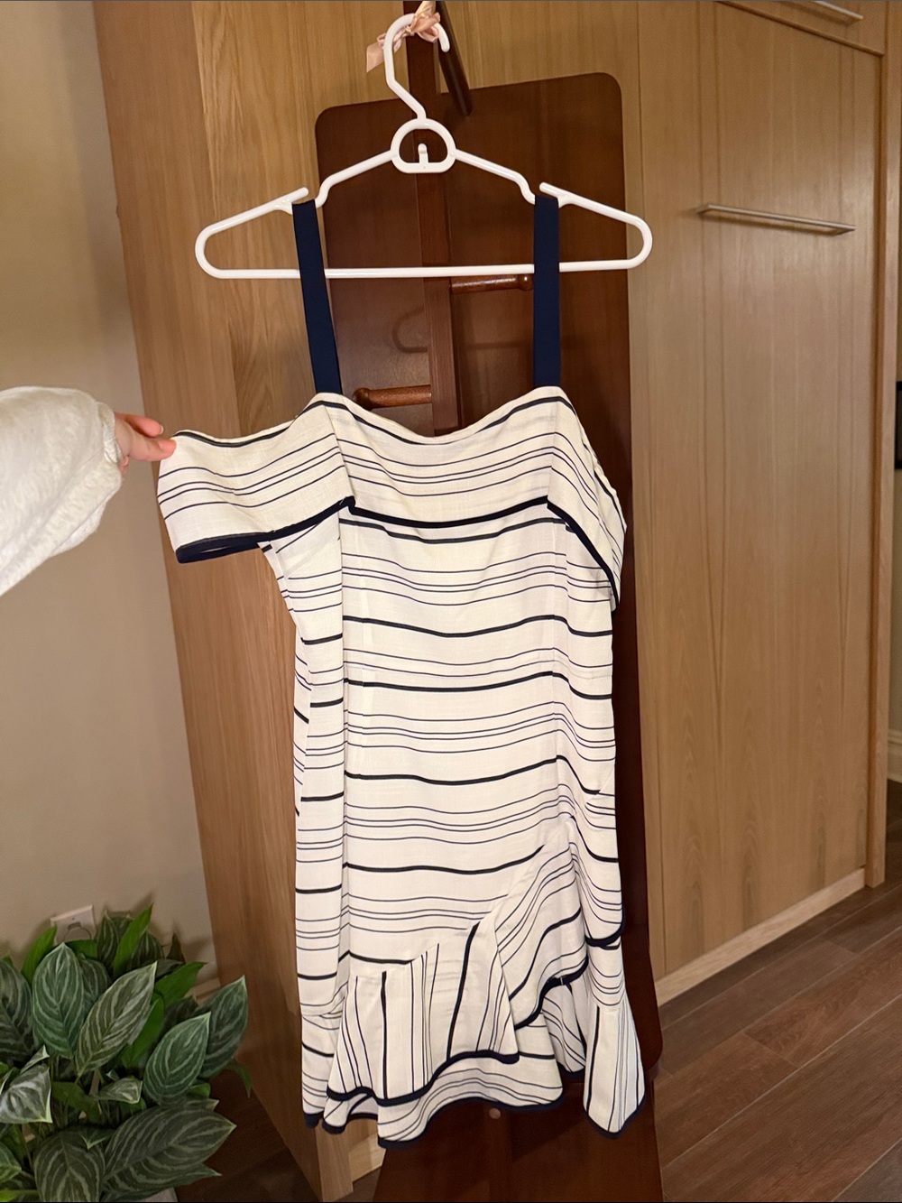 Lucy Paris White Dress with Navy Stripes One-Shoulder